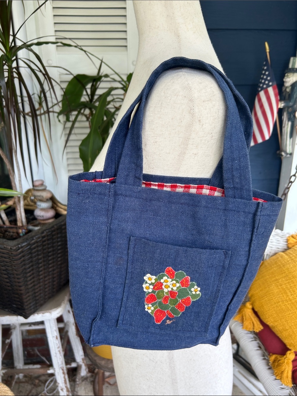 Denim Blue Strawberry Embroidered Tote Bag